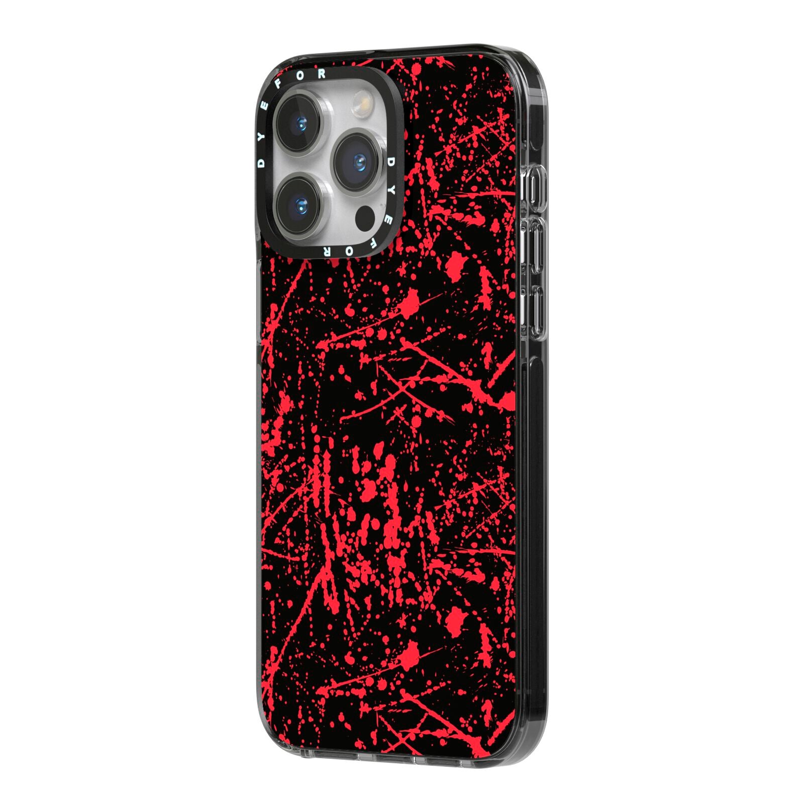 Blood Splatters iPhone 14 Pro Max Black Impact Case Side Angle on Silver phone