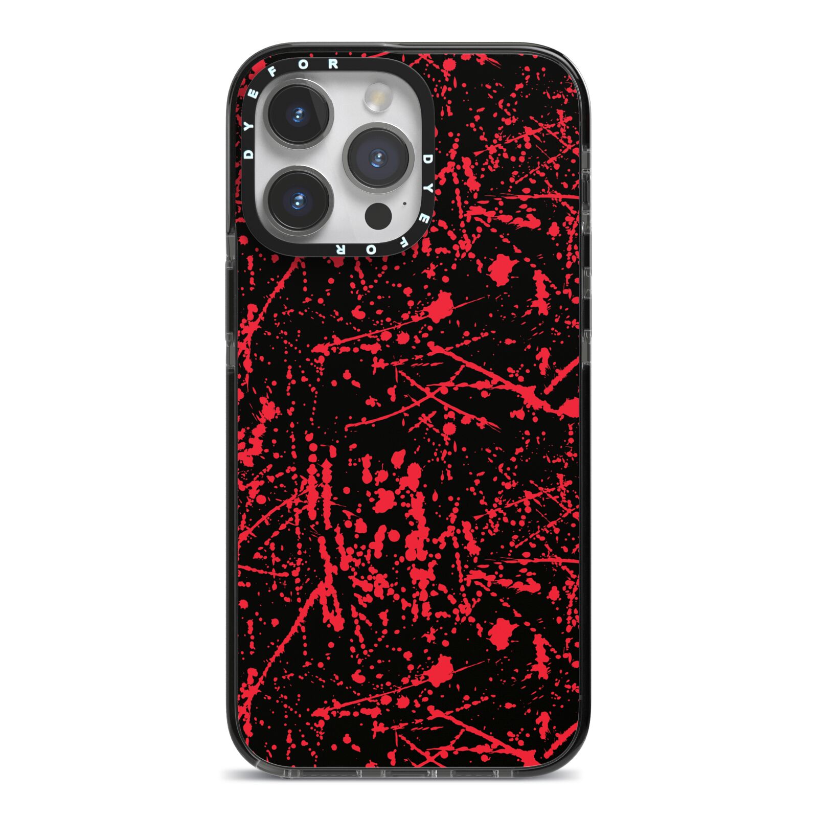 Blood Splatters iPhone 14 Pro Max Black Impact Case on Silver phone