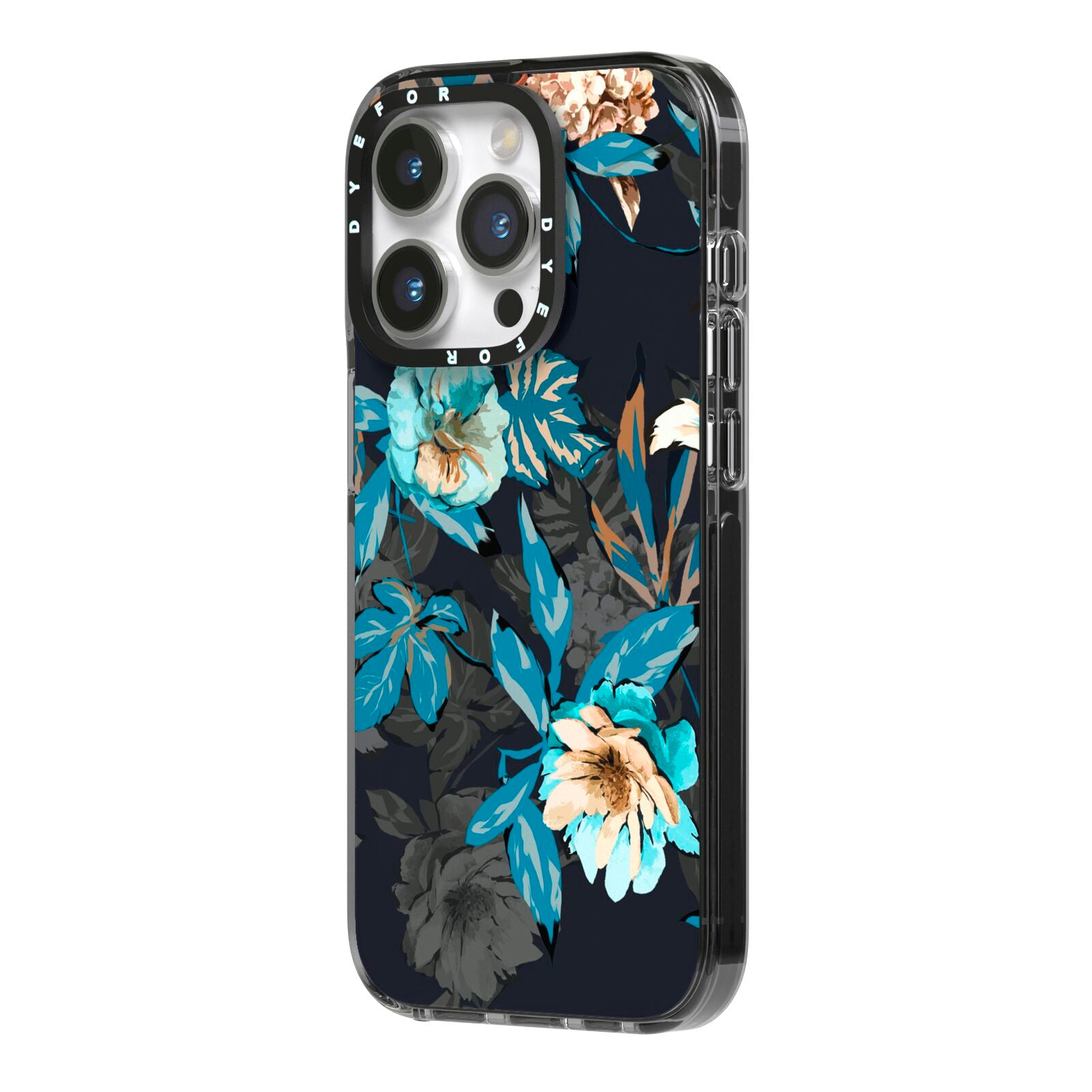 Blossom Flowers iPhone 14 Pro Black Impact Case Side Angle on Silver phone