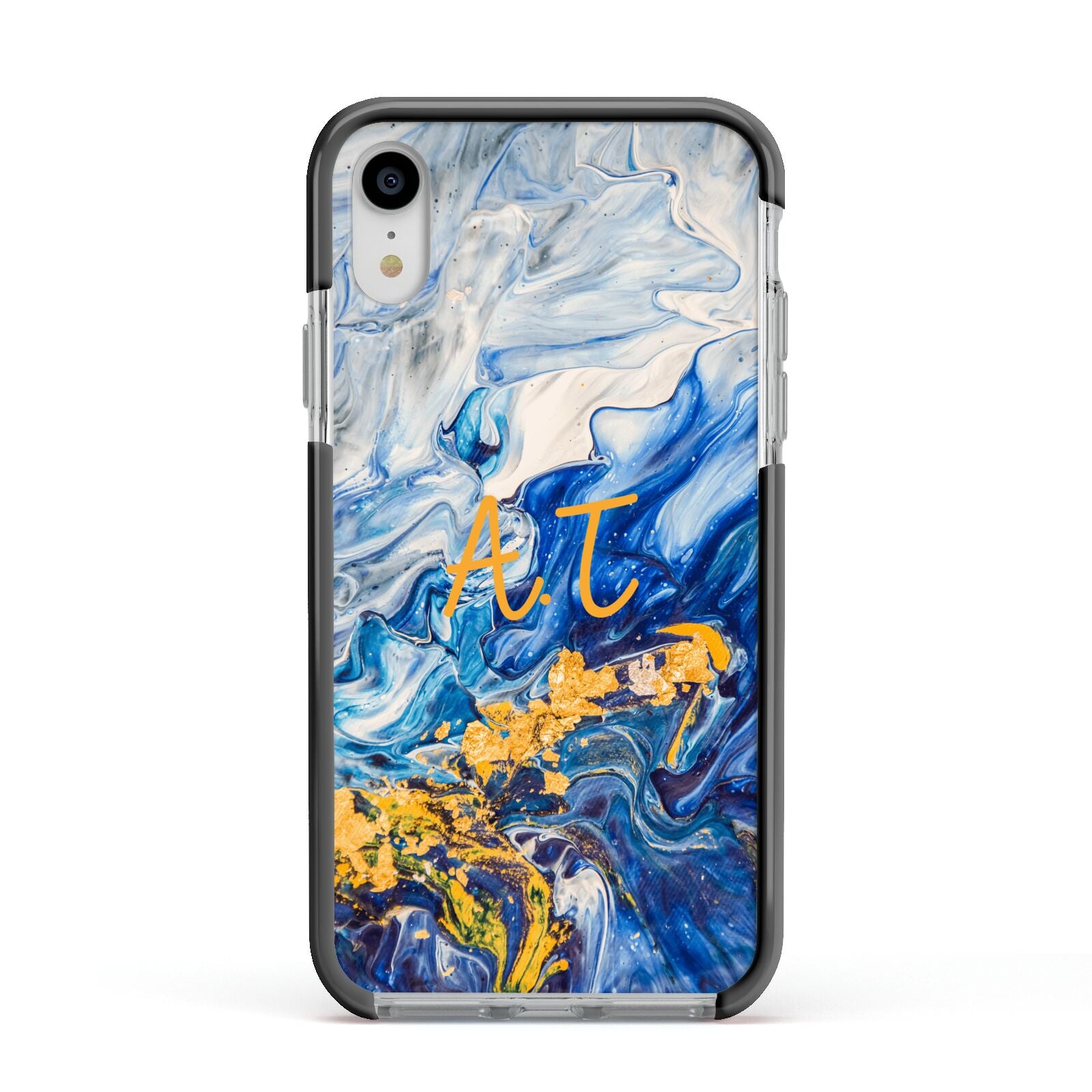 Blue And Gold Marble Apple iPhone XR Impact Case Black Edge on Silver Phone