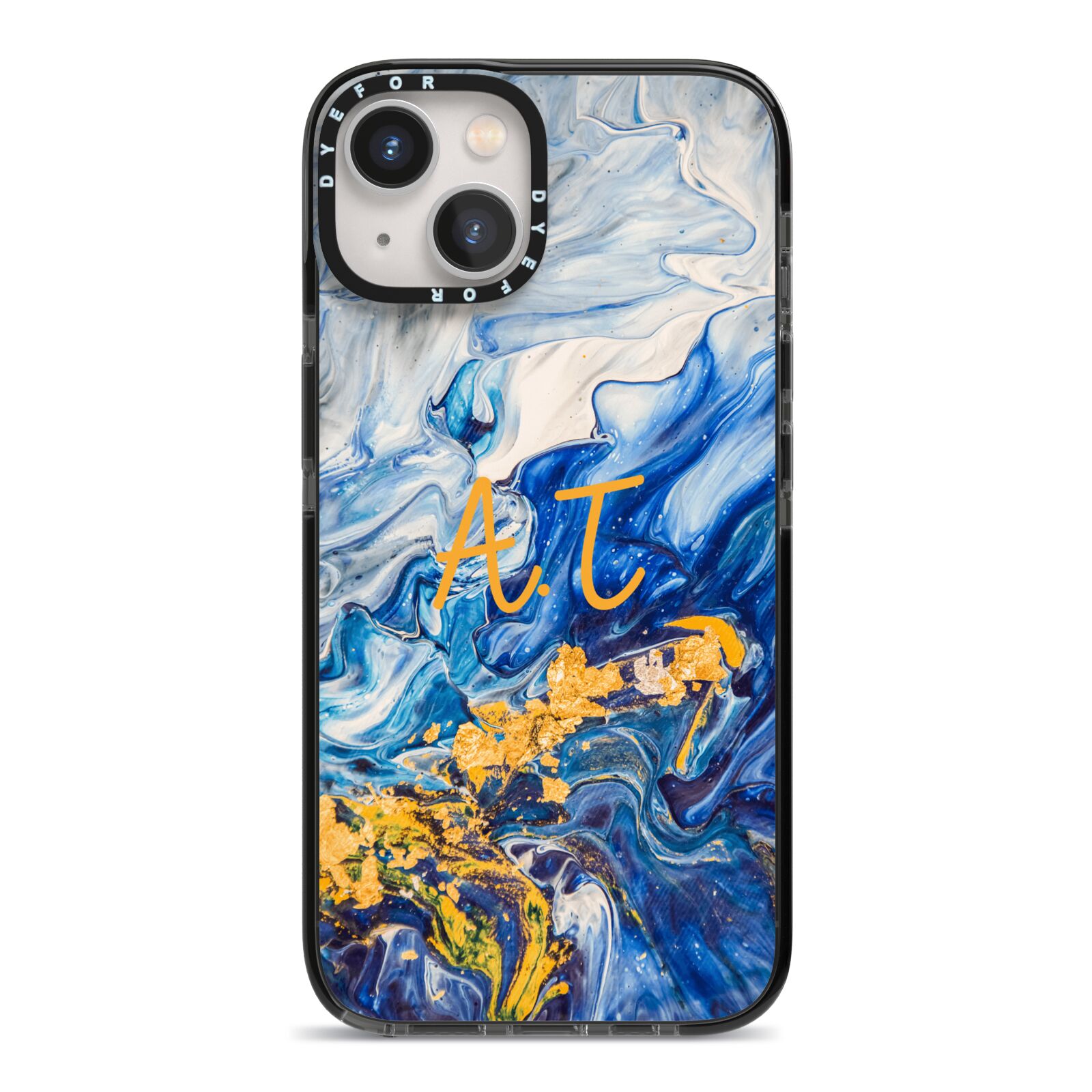 Blue And Gold Marble iPhone 13 Black Impact Case on Silver phone