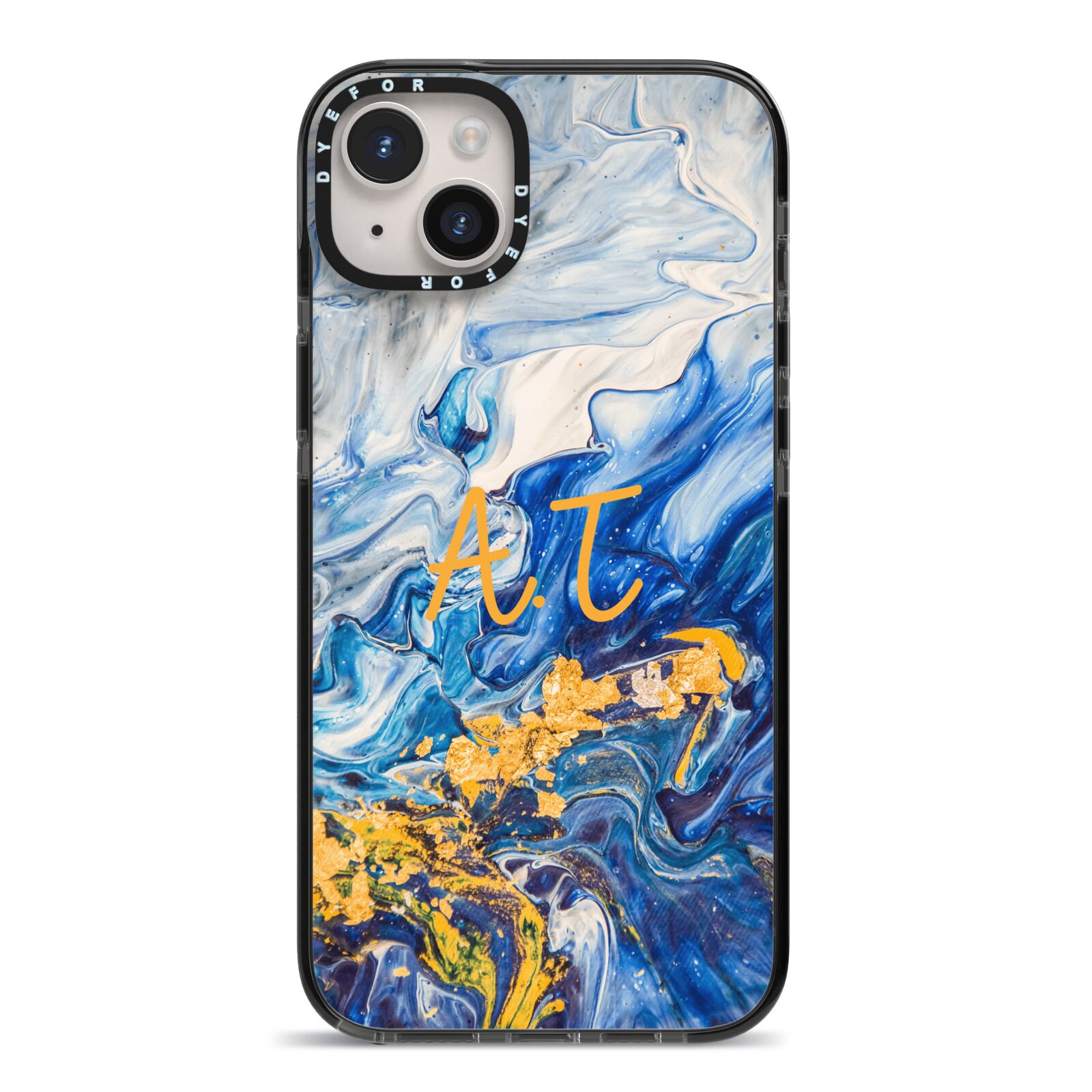 Blue And Gold Marble iPhone 14 Plus Black Impact Case on Silver phone