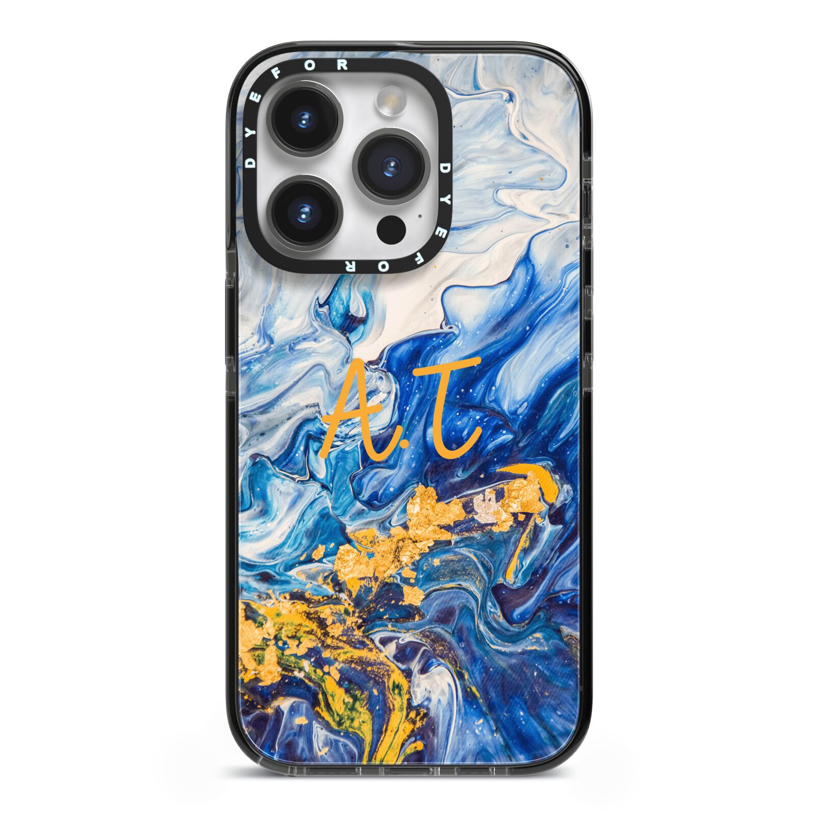 Blue And Gold Marble iPhone 14 Pro Black Impact Case on Silver phone