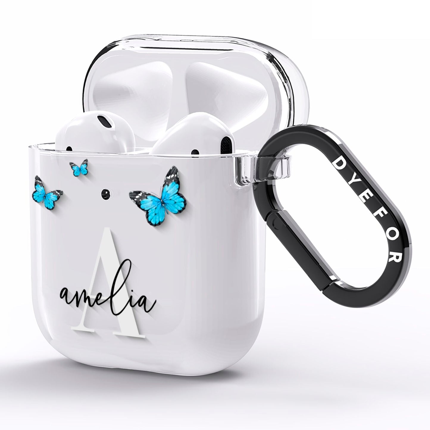Blue Butterflies with Initial and Name AirPods Clear Case Side Image