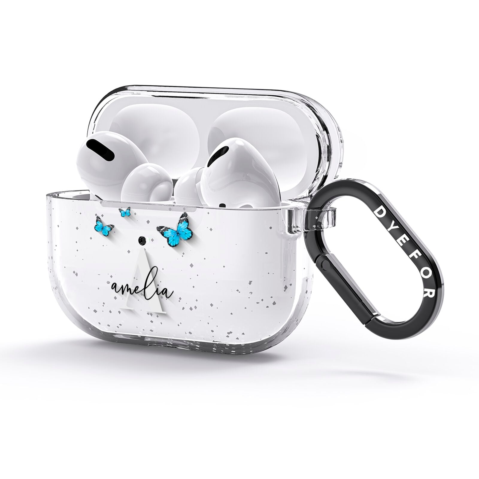 Blue Butterflies with Initial and Name AirPods Glitter Case 3rd Gen Side Image