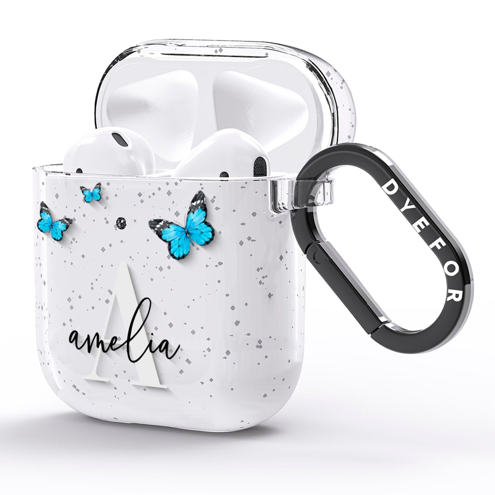 Blue Butterflies with Initial and Name AirPods Glitter Case Side Image