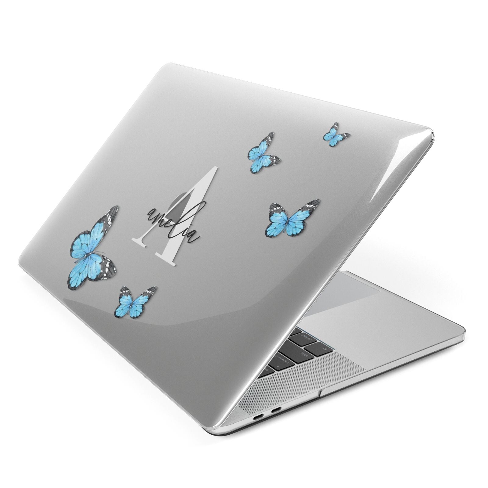 Blue Butterflies with Initial and Name Apple MacBook Case Side View