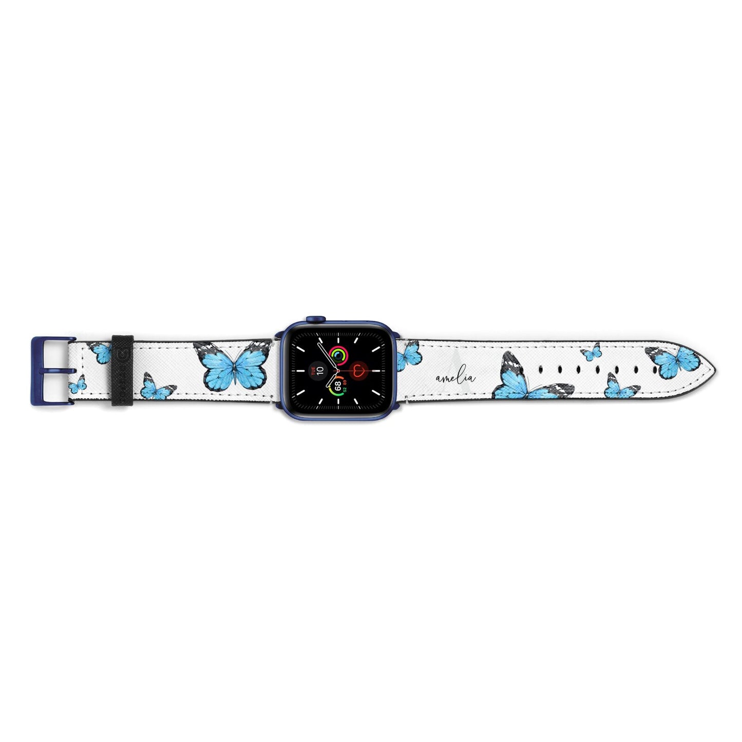 Blue Butterflies with Initial and Name Apple Watch Strap Landscape Image Blue Hardware