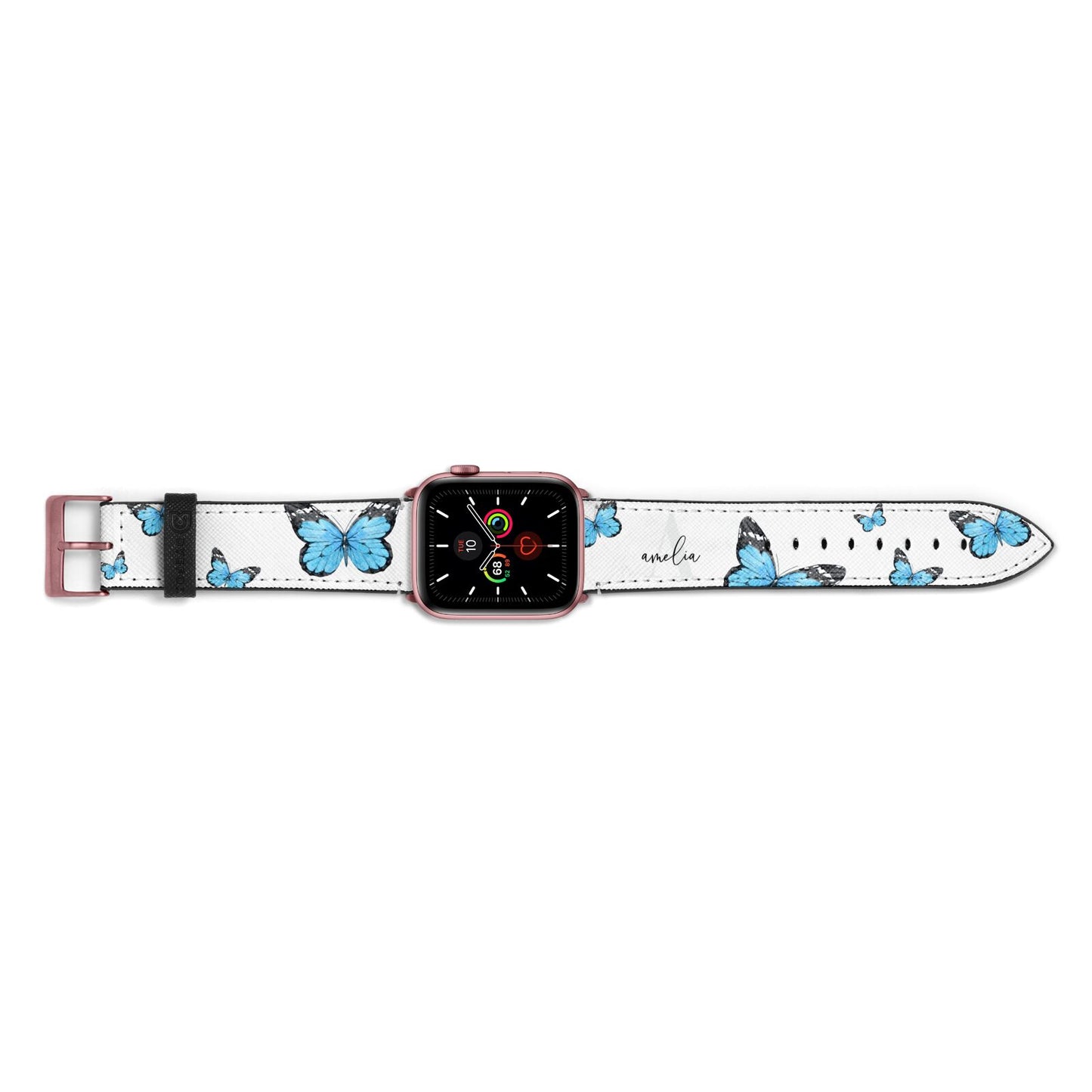Blue Butterflies with Initial and Name Apple Watch Strap Landscape Image Rose Gold Hardware