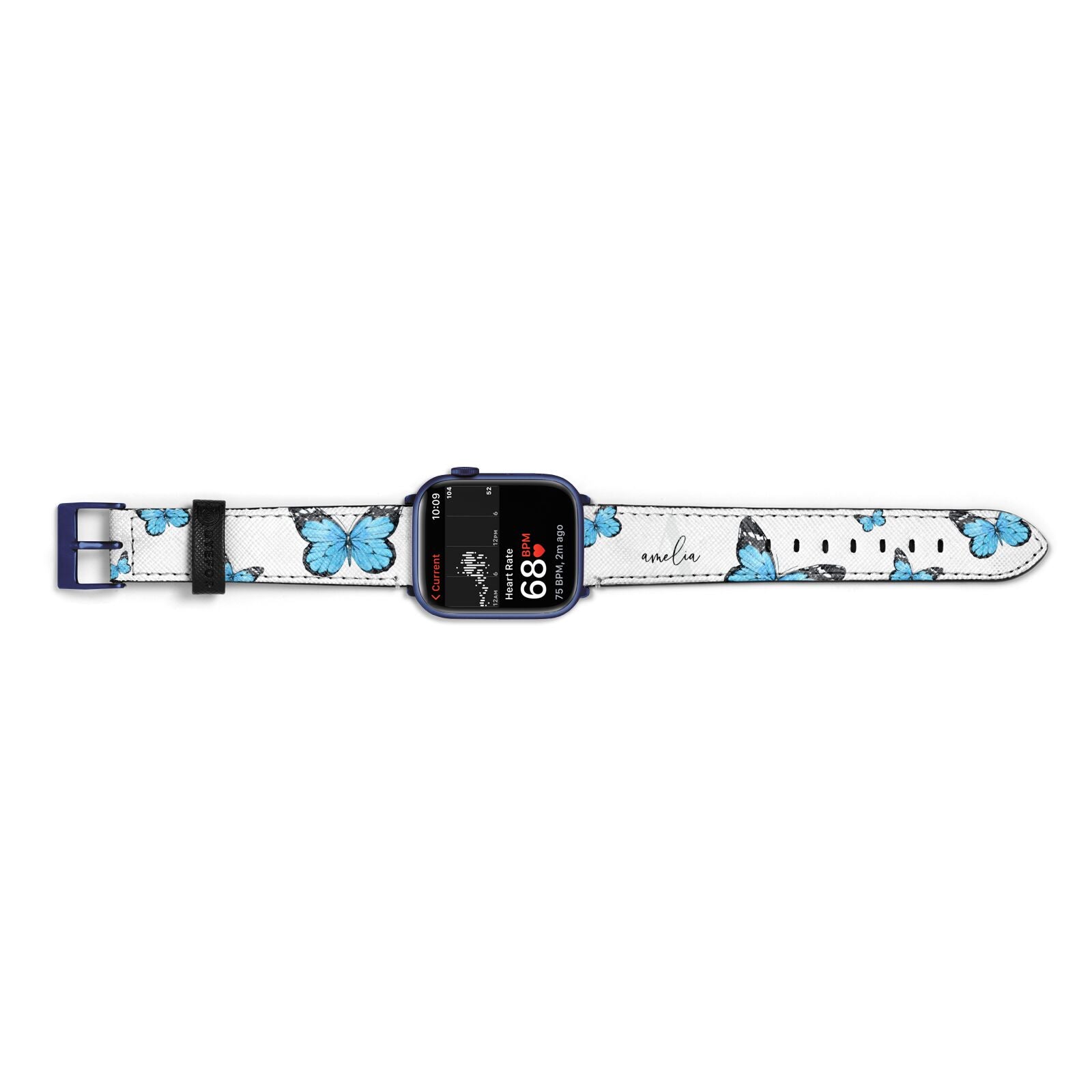 Blue Butterflies with Initial and Name Apple Watch Strap Size 38mm Landscape Image Blue Hardware