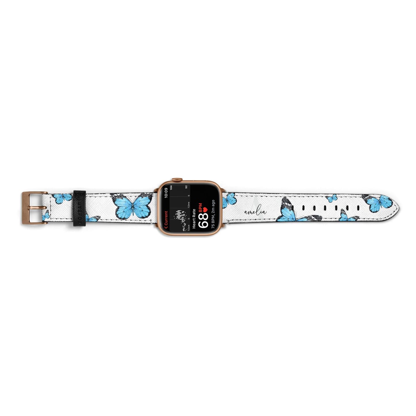 Blue Butterflies with Initial and Name Apple Watch Strap Size 38mm Landscape Image Gold Hardware