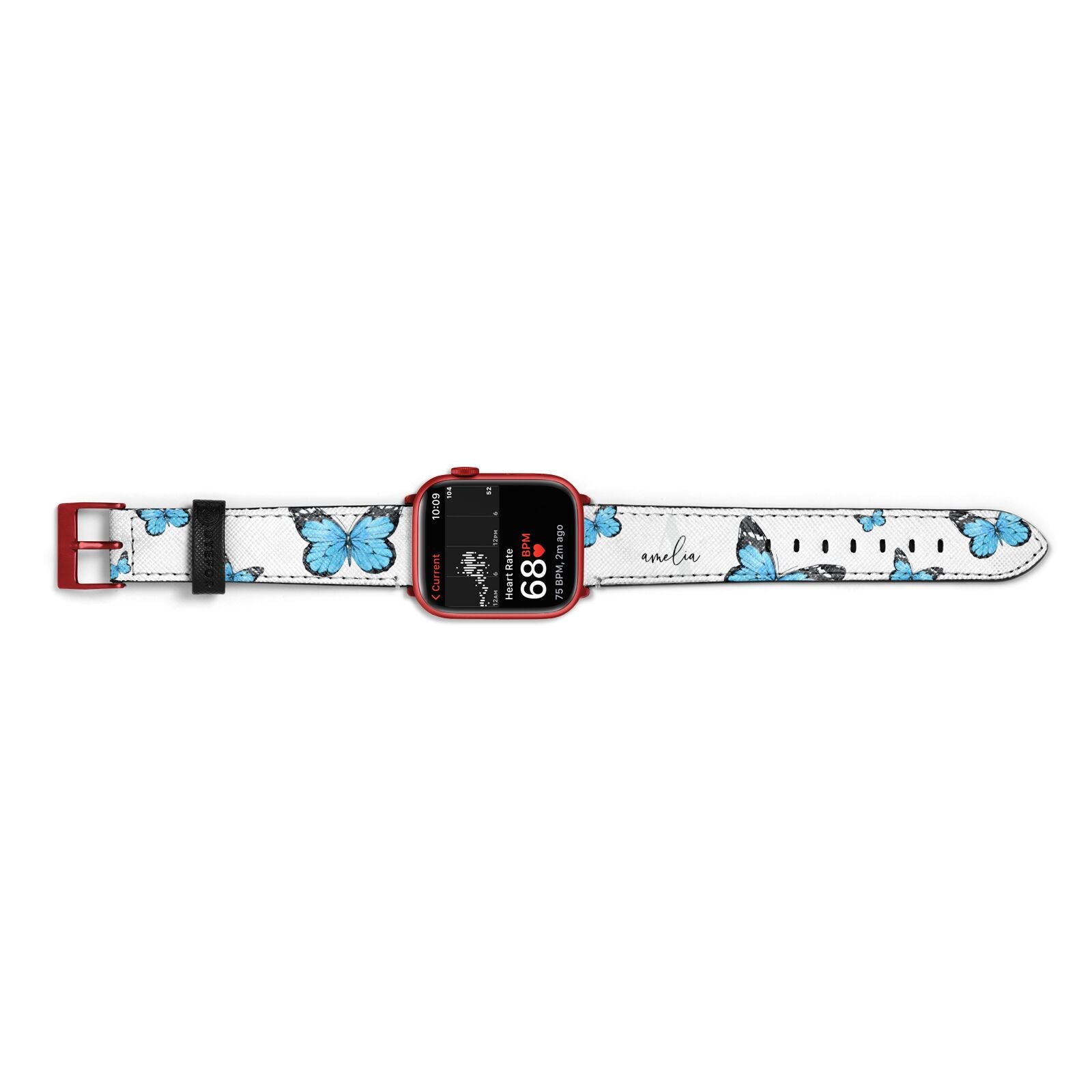 Blue Butterflies with Initial and Name Apple Watch Strap Size 38mm Landscape Image Red Hardware