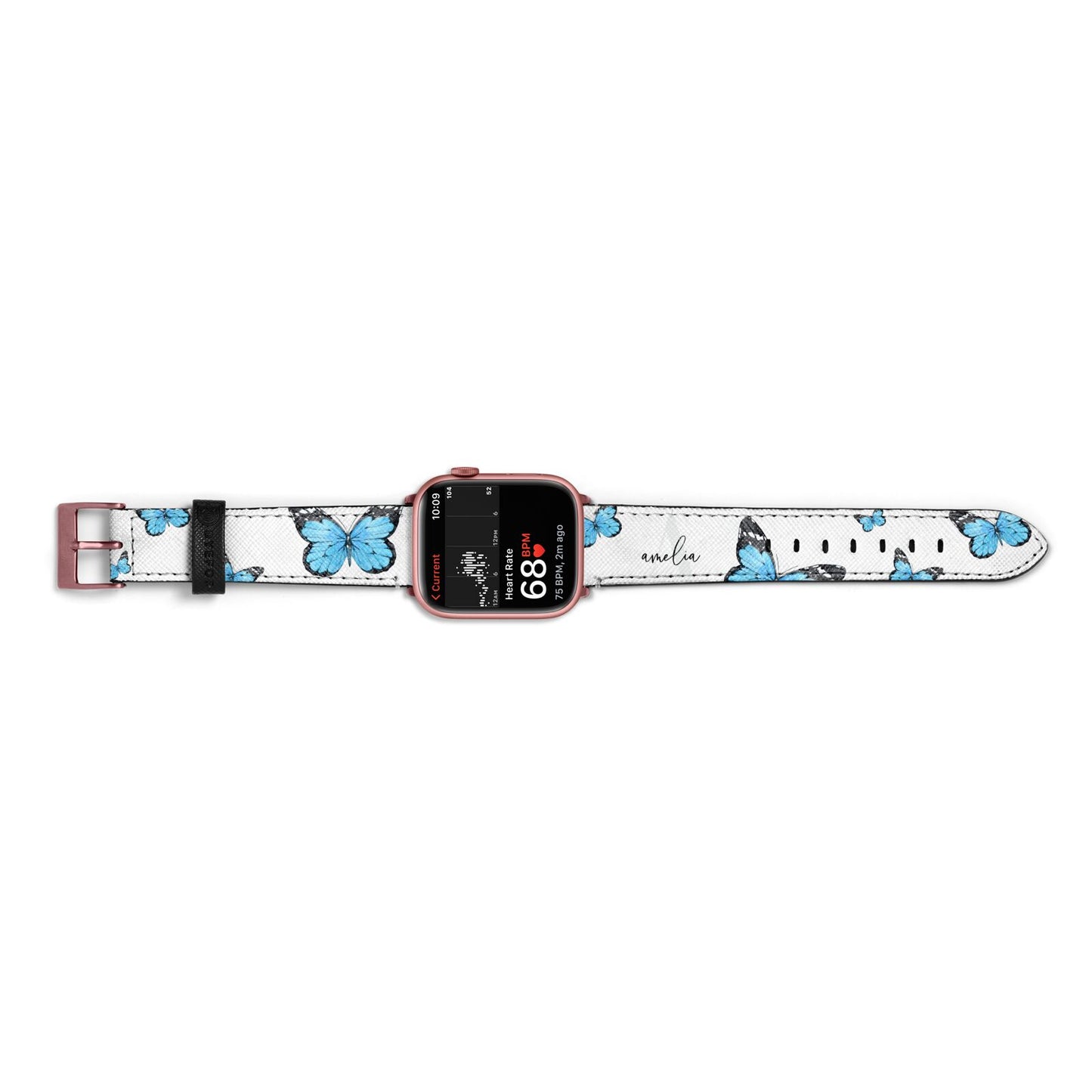 Blue Butterflies with Initial and Name Apple Watch Strap Size 38mm Landscape Image Rose Gold Hardware