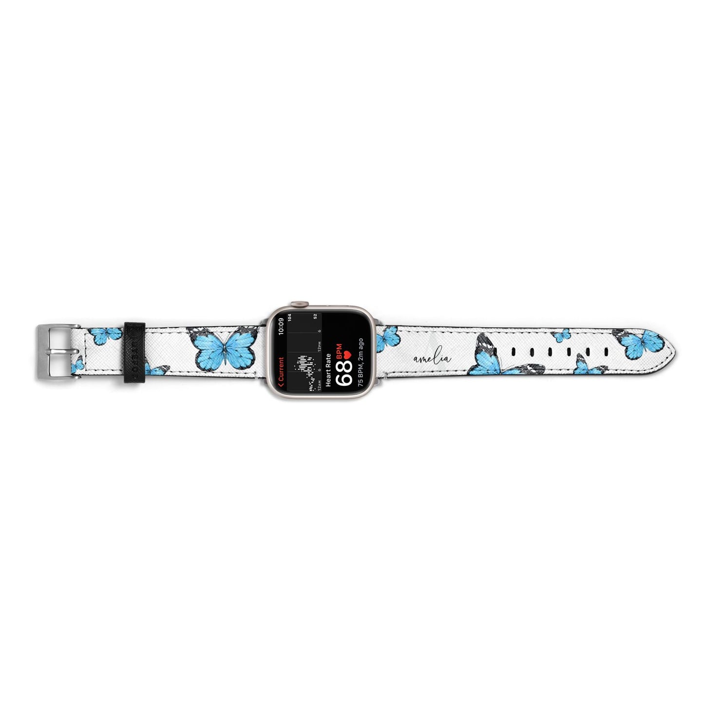 Blue Butterflies with Initial and Name Apple Watch Strap Size 38mm Landscape Image Silver Hardware