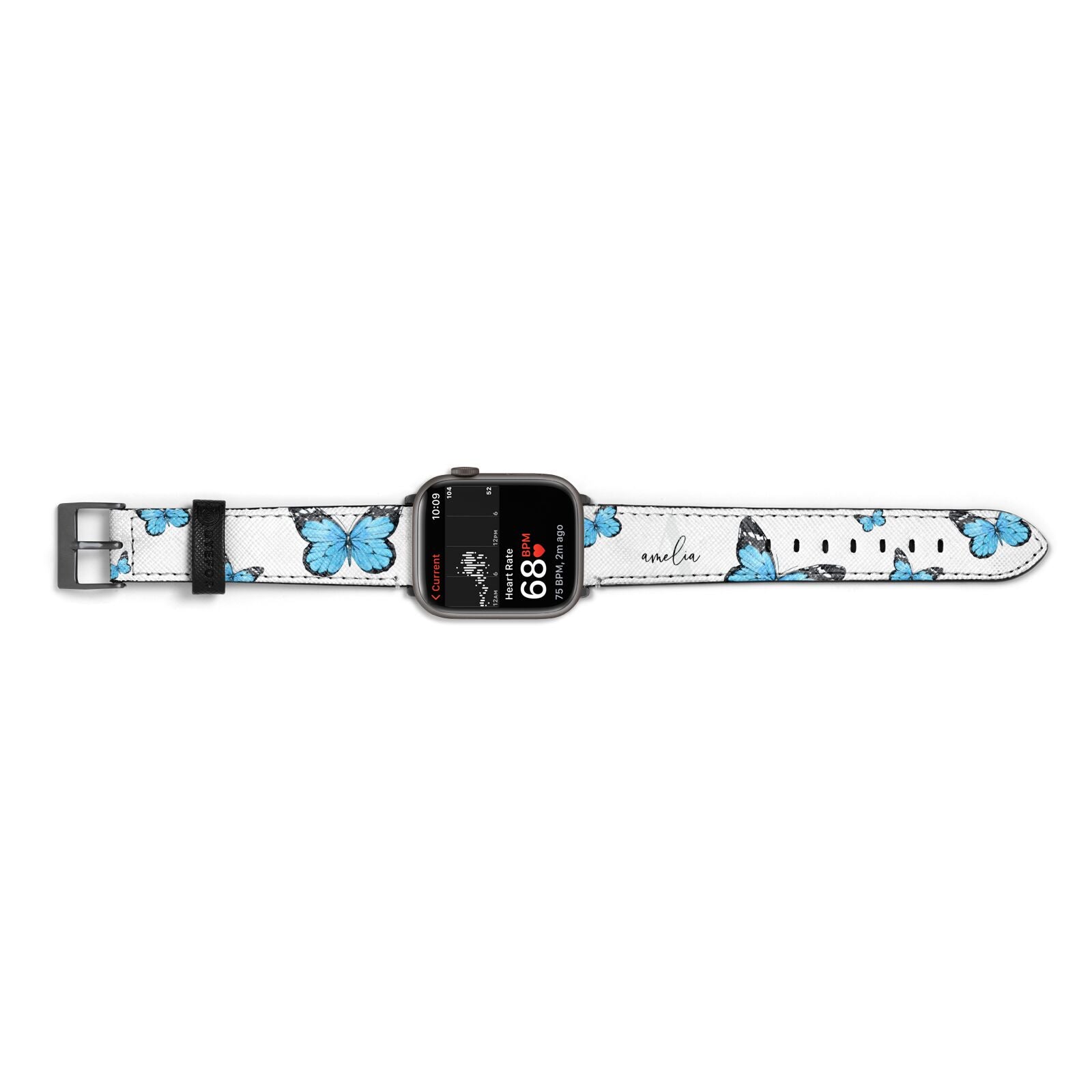 Blue Butterflies with Initial and Name Apple Watch Strap Size 38mm Landscape Image Space Grey Hardware