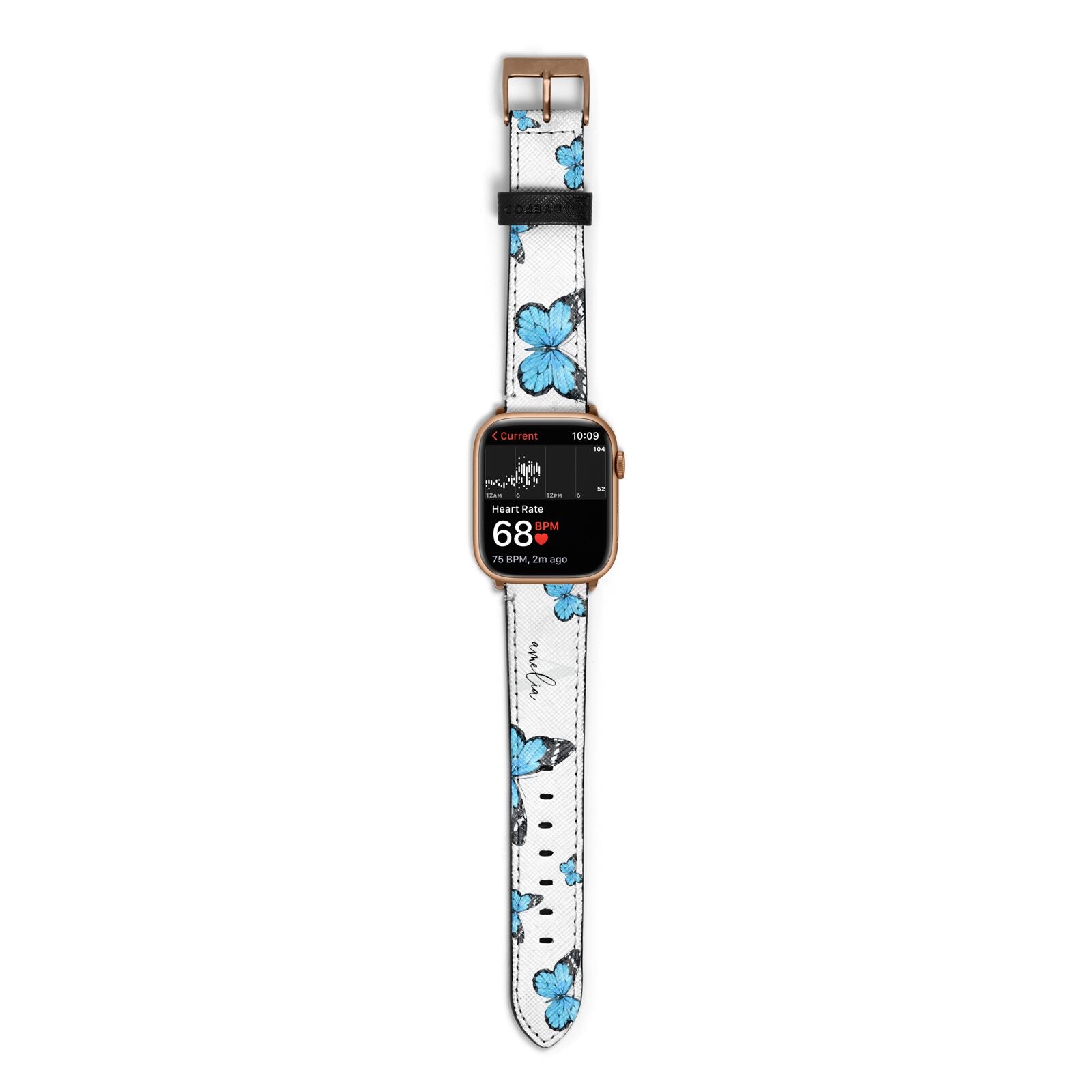 Blue Butterflies with Initial and Name Apple Watch Strap Size 38mm with Gold Hardware