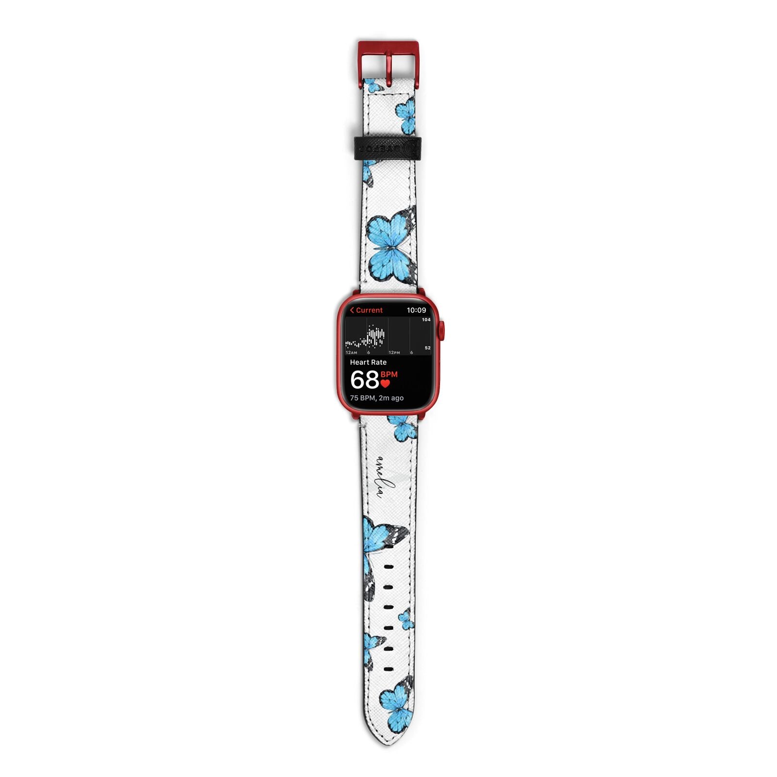 Blue Butterflies with Initial and Name Apple Watch Strap Size 38mm with Red Hardware
