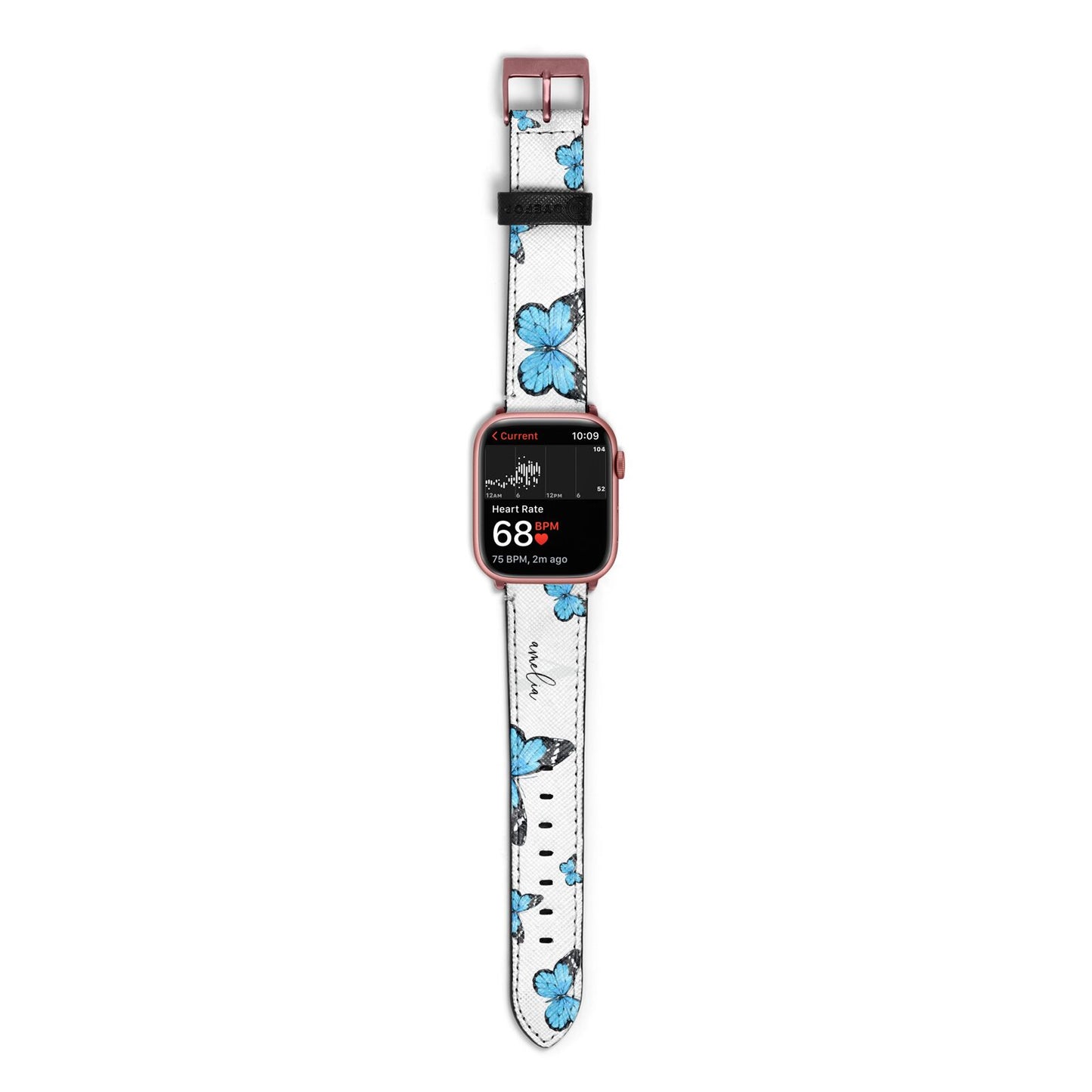 Blue Butterflies with Initial and Name Apple Watch Strap Size 38mm with Rose Gold Hardware