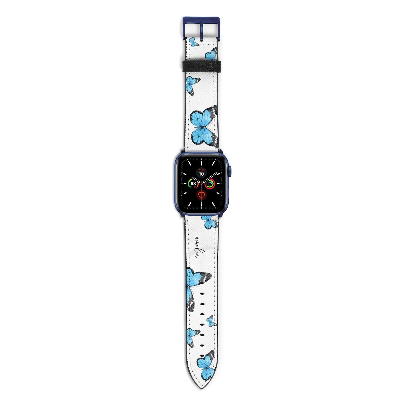 Blue Butterflies with Initial and Name Apple Watch Strap with Blue Hardware