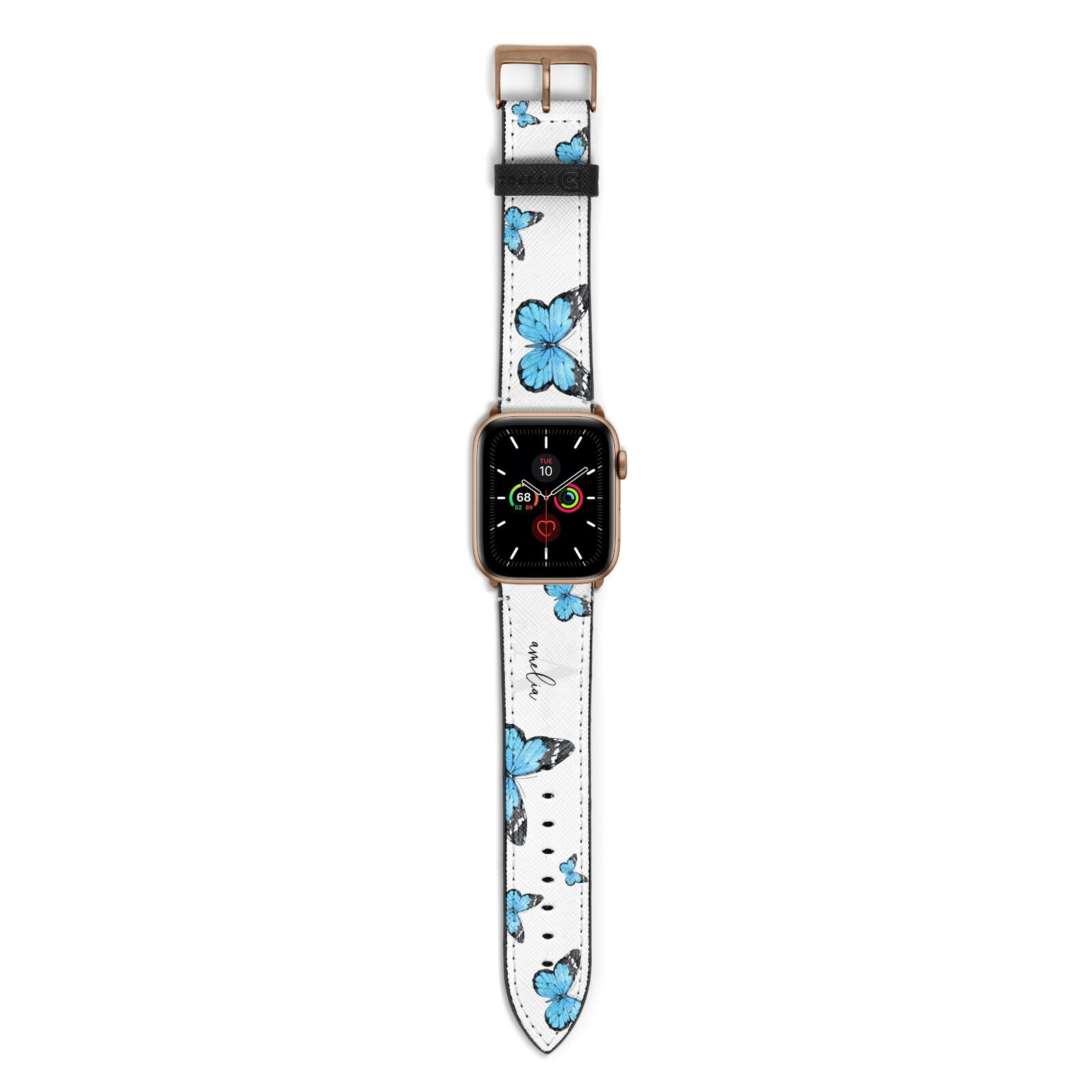 Blue Butterflies with Initial and Name Apple Watch Strap with Gold Hardware