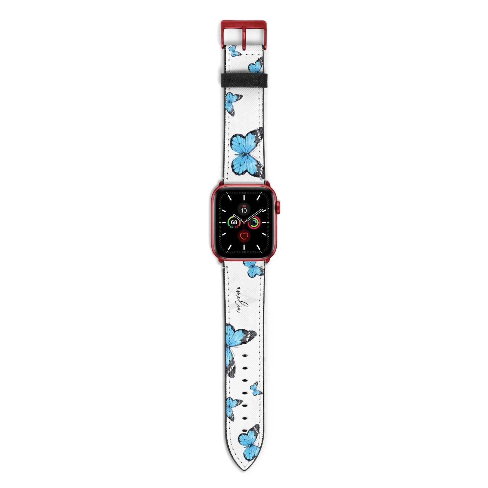 Blue Butterflies with Initial and Name Apple Watch Strap with Red Hardware