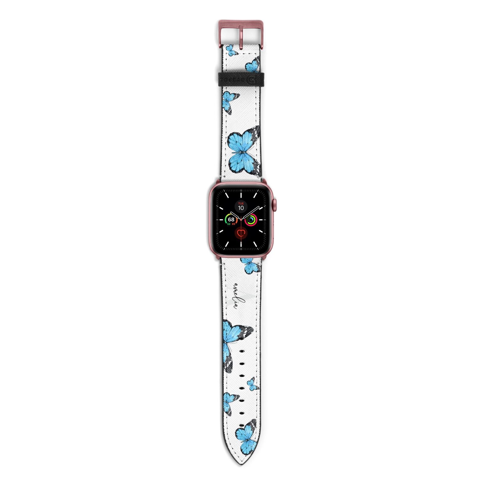 Blue Butterflies with Initial and Name Apple Watch Strap with Rose Gold Hardware