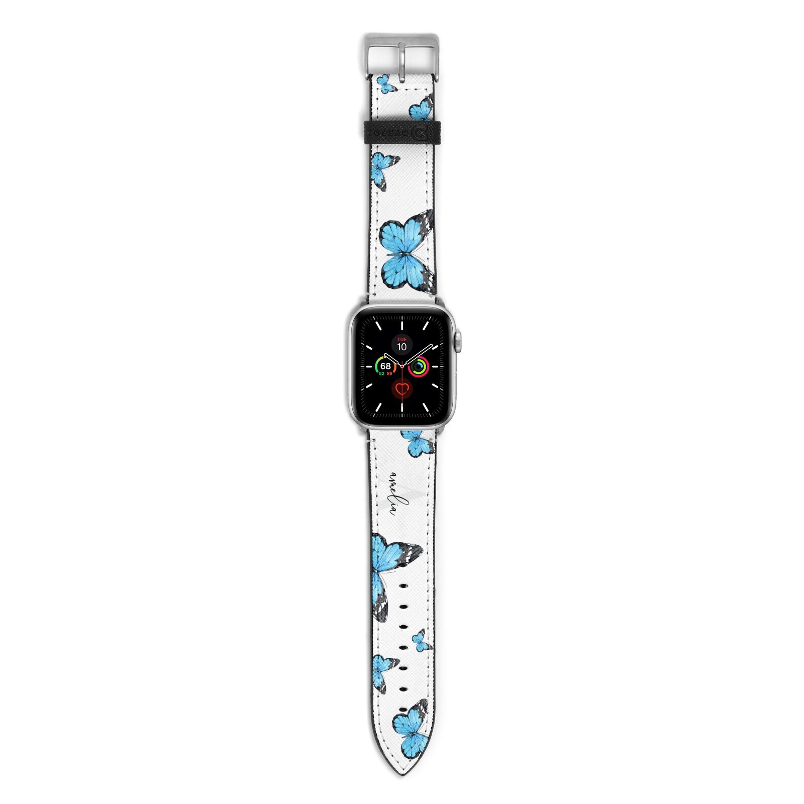 Blue Butterflies with Initial and Name Apple Watch Strap with Silver Hardware