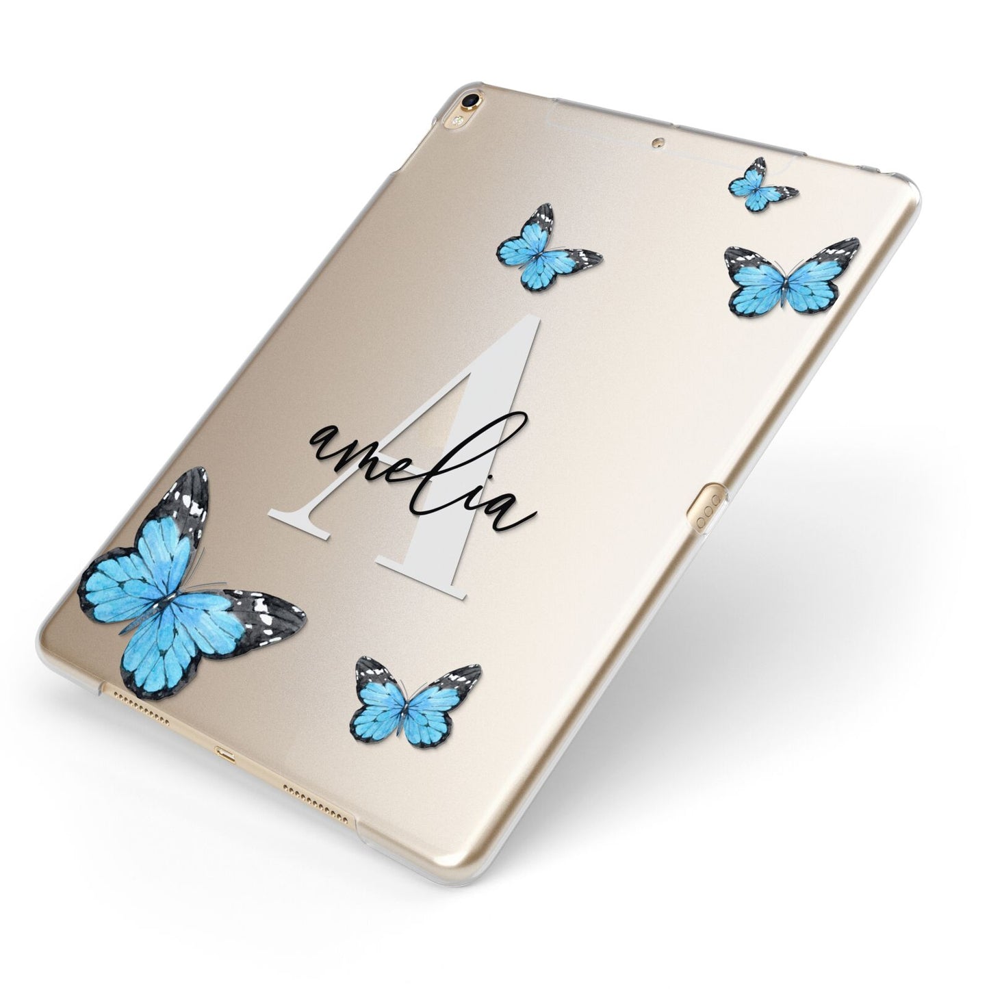 Blue Butterflies with Initial and Name Apple iPad Case on Gold iPad Side View