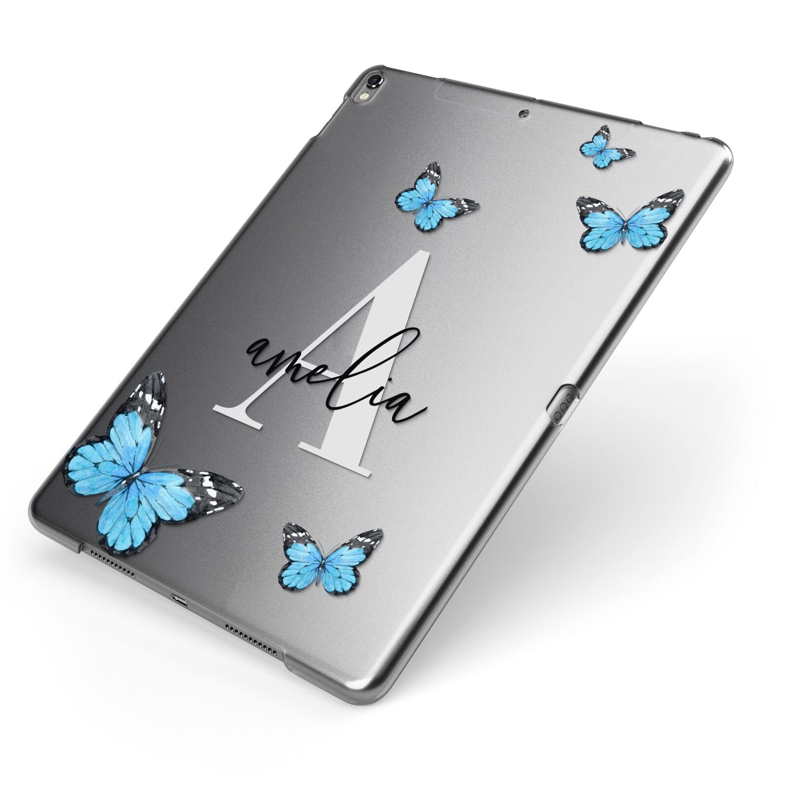 Blue Butterflies with Initial and Name Apple iPad Case on Grey iPad Side View