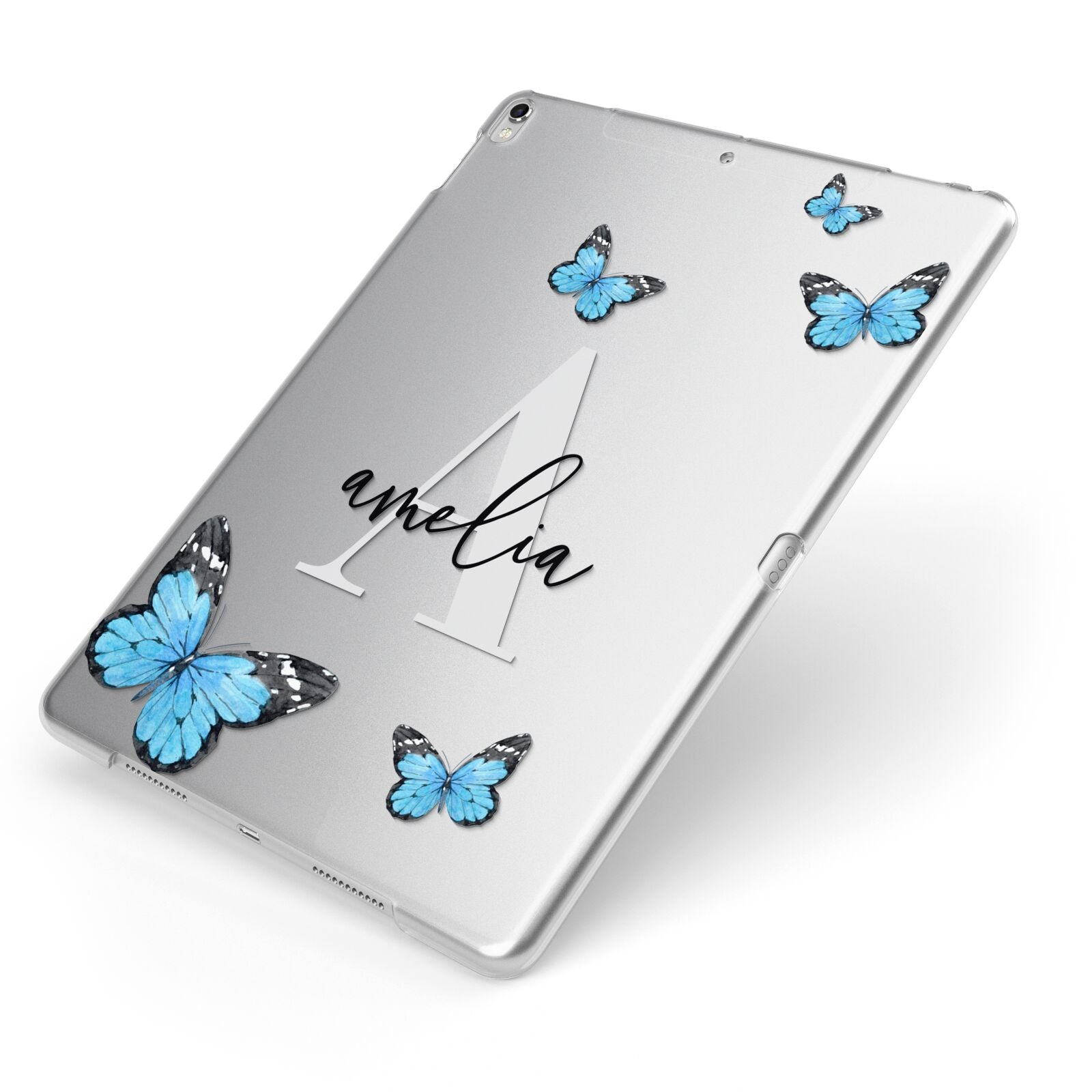 Blue Butterflies with Initial and Name Apple iPad Case on Silver iPad Side View