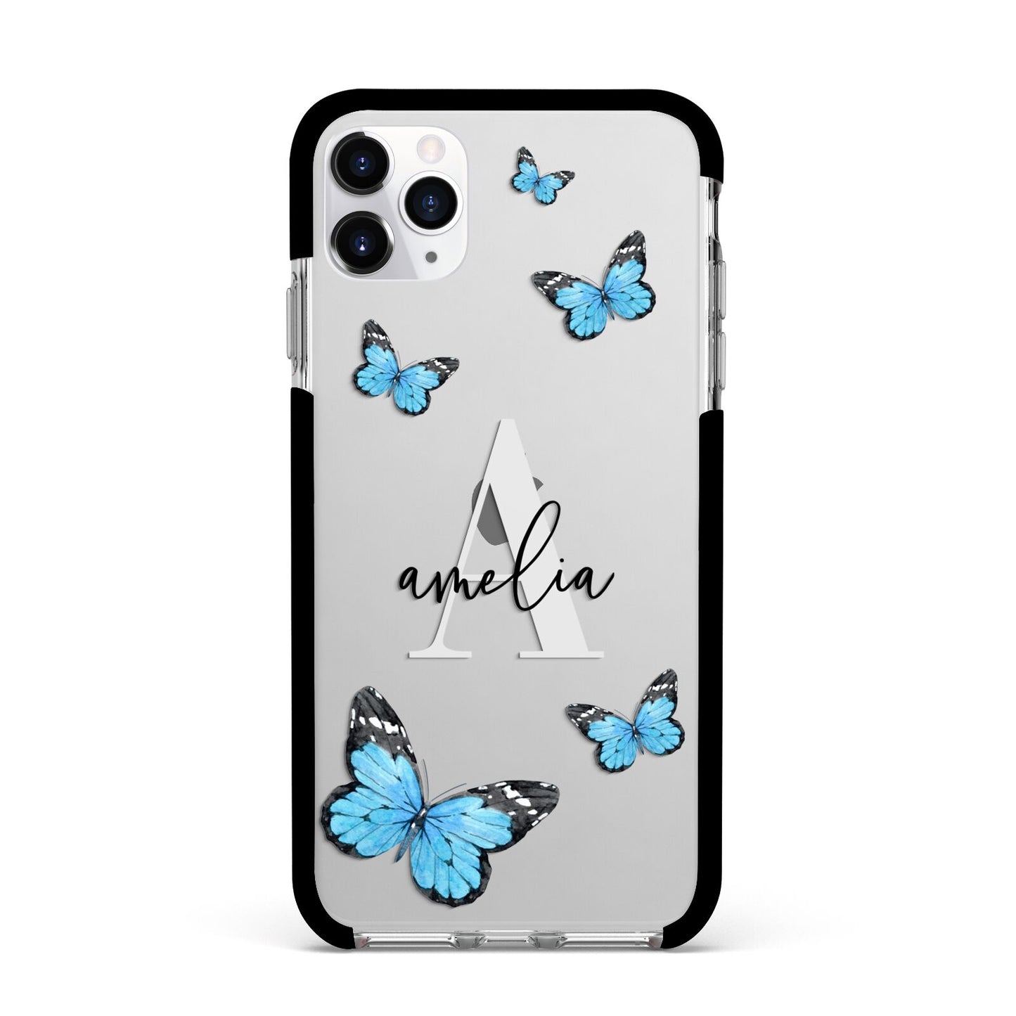 Blue Butterflies with Initial and Name Apple iPhone 11 Pro Max in Silver with Black Impact Case