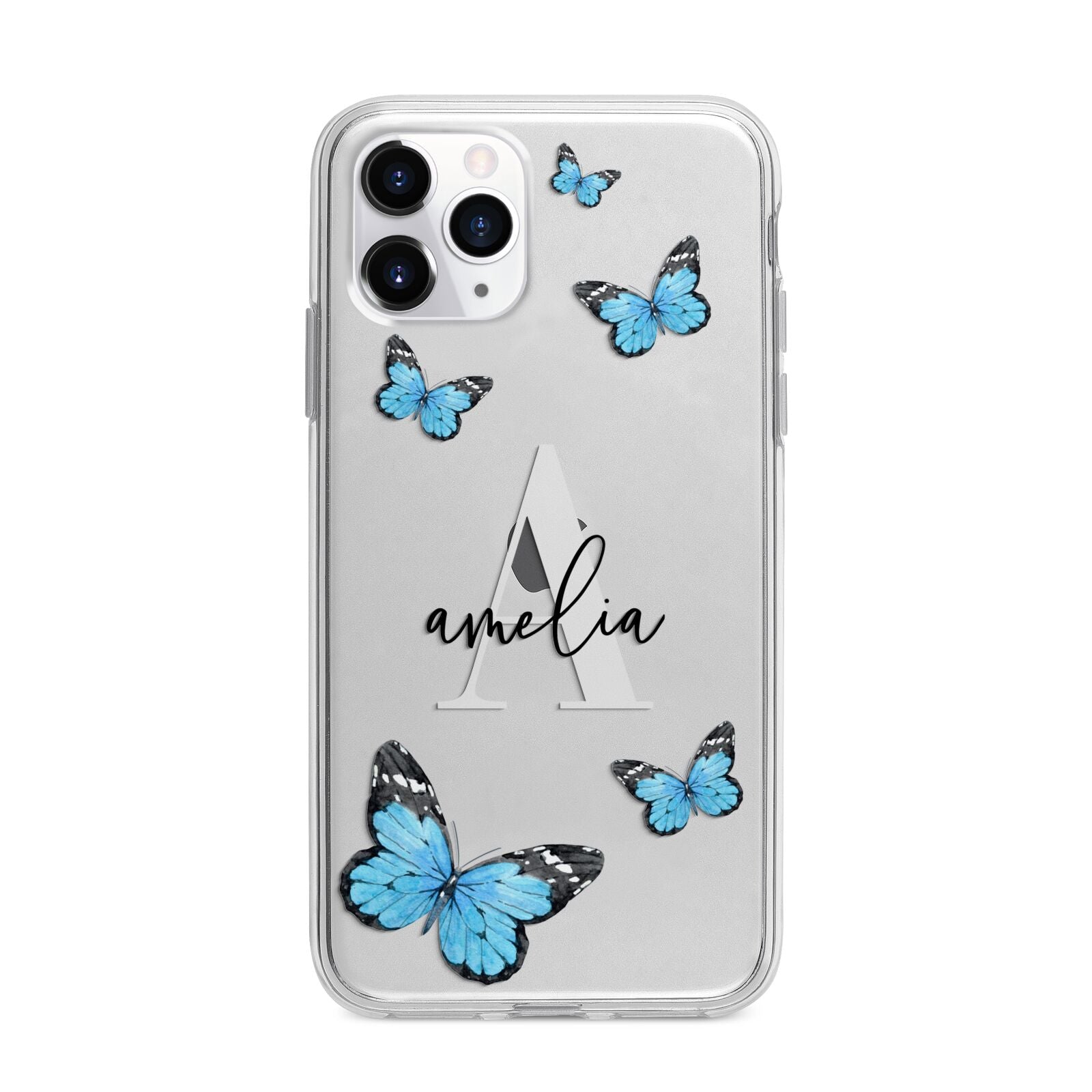 Blue Butterflies with Initial and Name Apple iPhone 11 Pro Max in Silver with Bumper Case