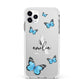 Blue Butterflies with Initial and Name Apple iPhone 11 Pro Max in Silver with White Impact Case