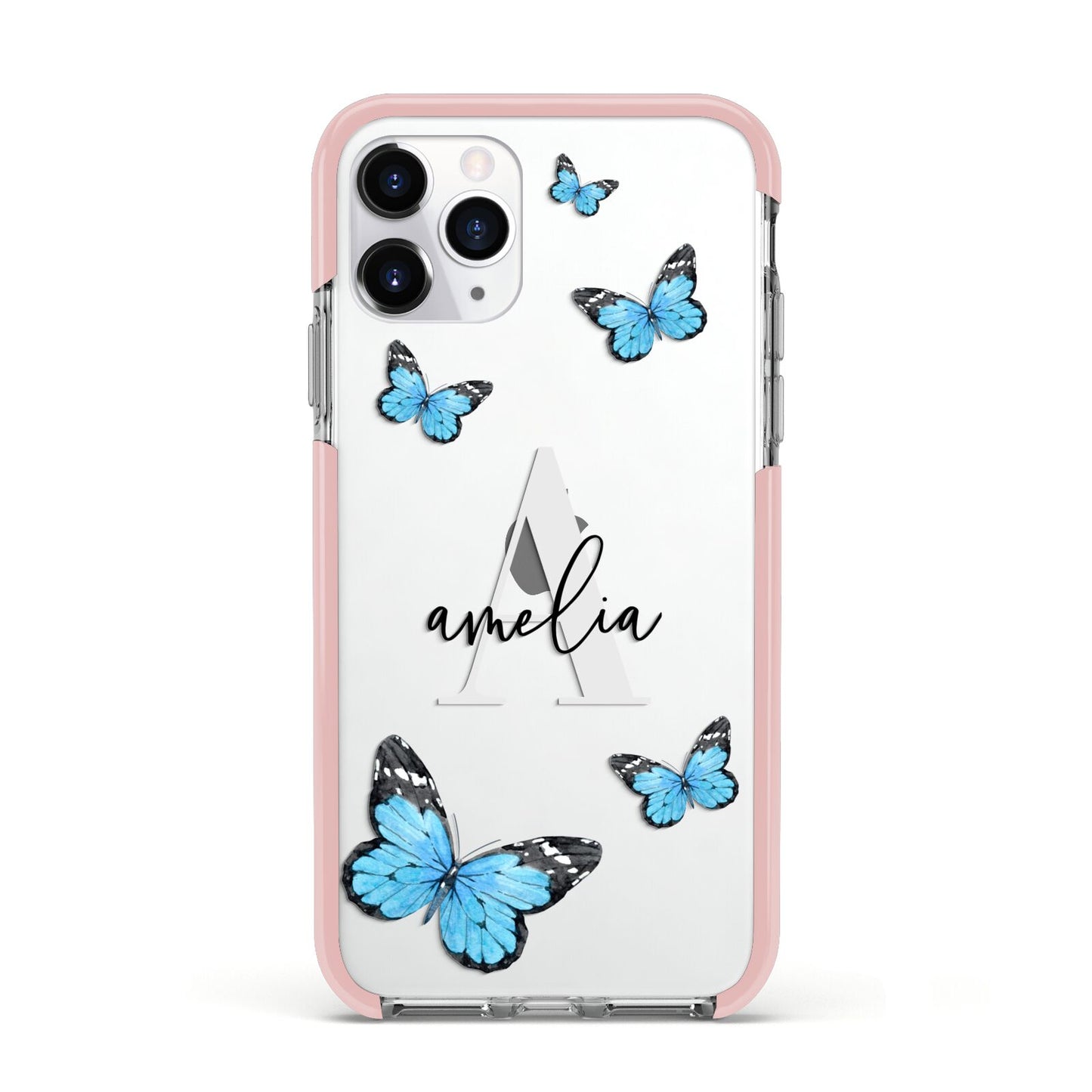 Blue Butterflies with Initial and Name Apple iPhone 11 Pro in Silver with Pink Impact Case