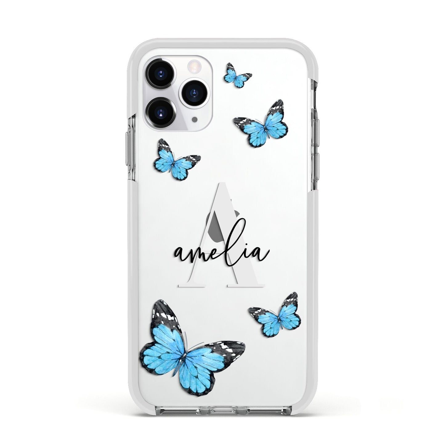 Blue Butterflies with Initial and Name Apple iPhone 11 Pro in Silver with White Impact Case