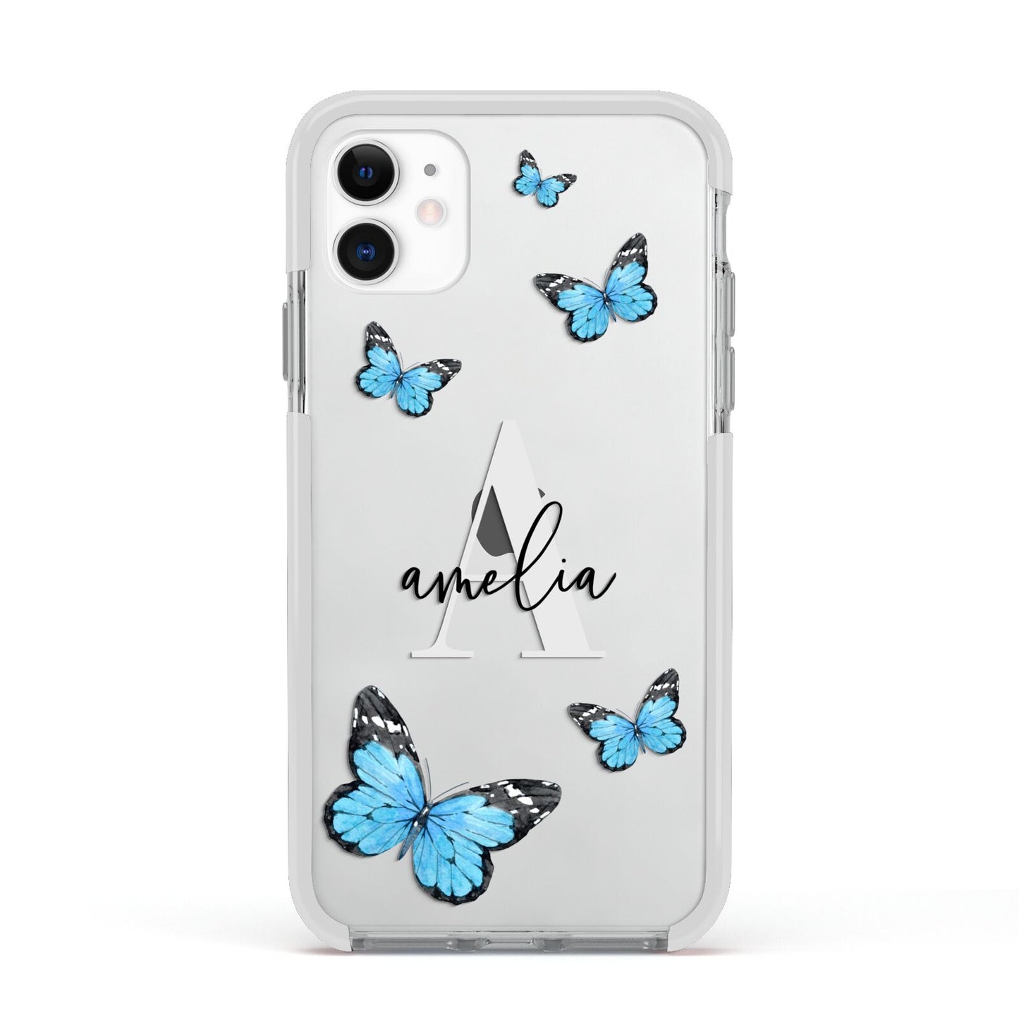 Blue Butterflies with Initial and Name Apple iPhone 11 in White with White Impact Case