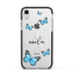 Blue Butterflies with Initial and Name Apple iPhone XR Impact Case Black Edge on Silver Phone