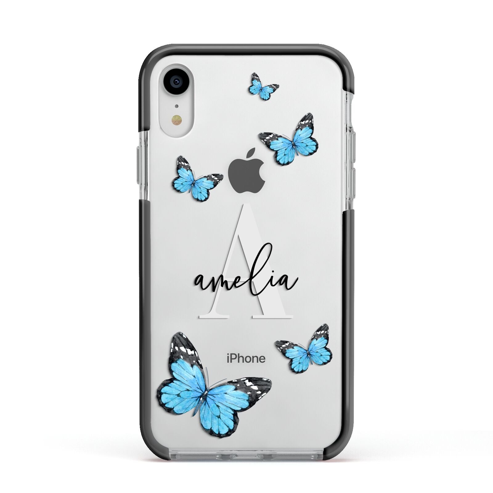 Blue Butterflies with Initial and Name Apple iPhone XR Impact Case Black Edge on Silver Phone