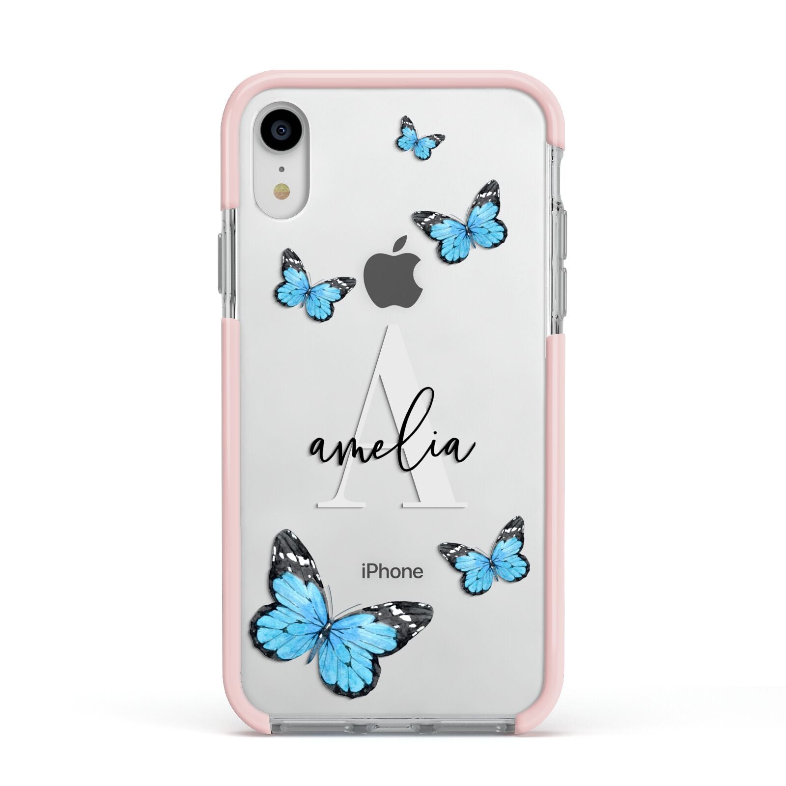 Blue Butterflies with Initial and Name Apple iPhone XR Impact Case Pink Edge on Silver Phone