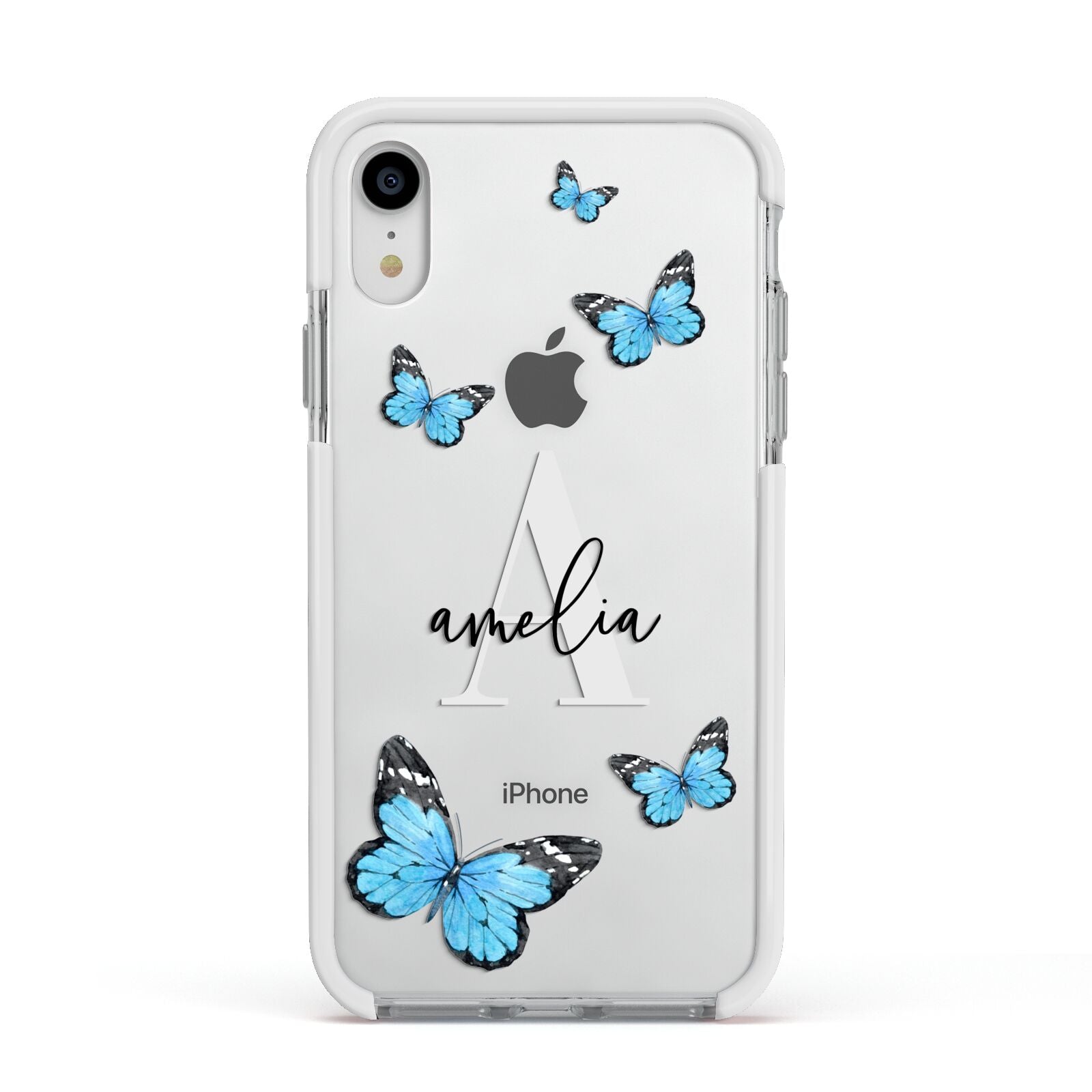Blue Butterflies with Initial and Name Apple iPhone XR Impact Case White Edge on Silver Phone
