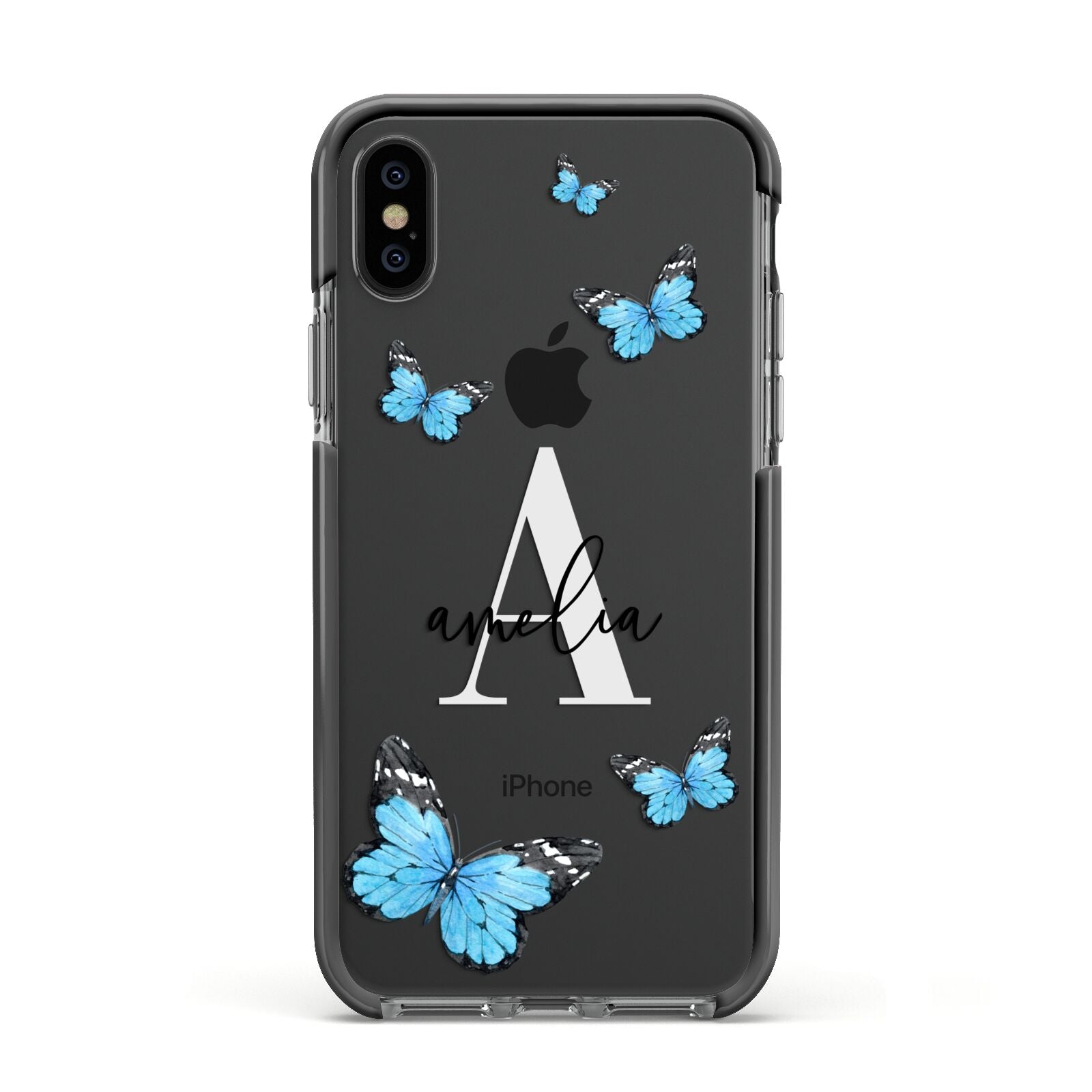 Blue Butterflies with Initial and Name Apple iPhone Xs Impact Case Black Edge on Black Phone