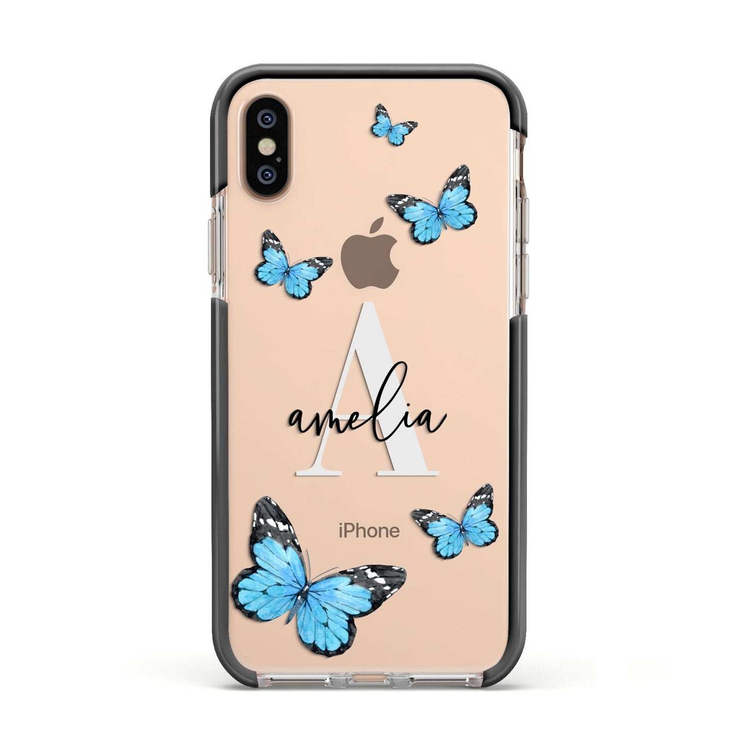 Blue Butterflies with Initial and Name Apple iPhone Xs Impact Case Black Edge on Gold Phone