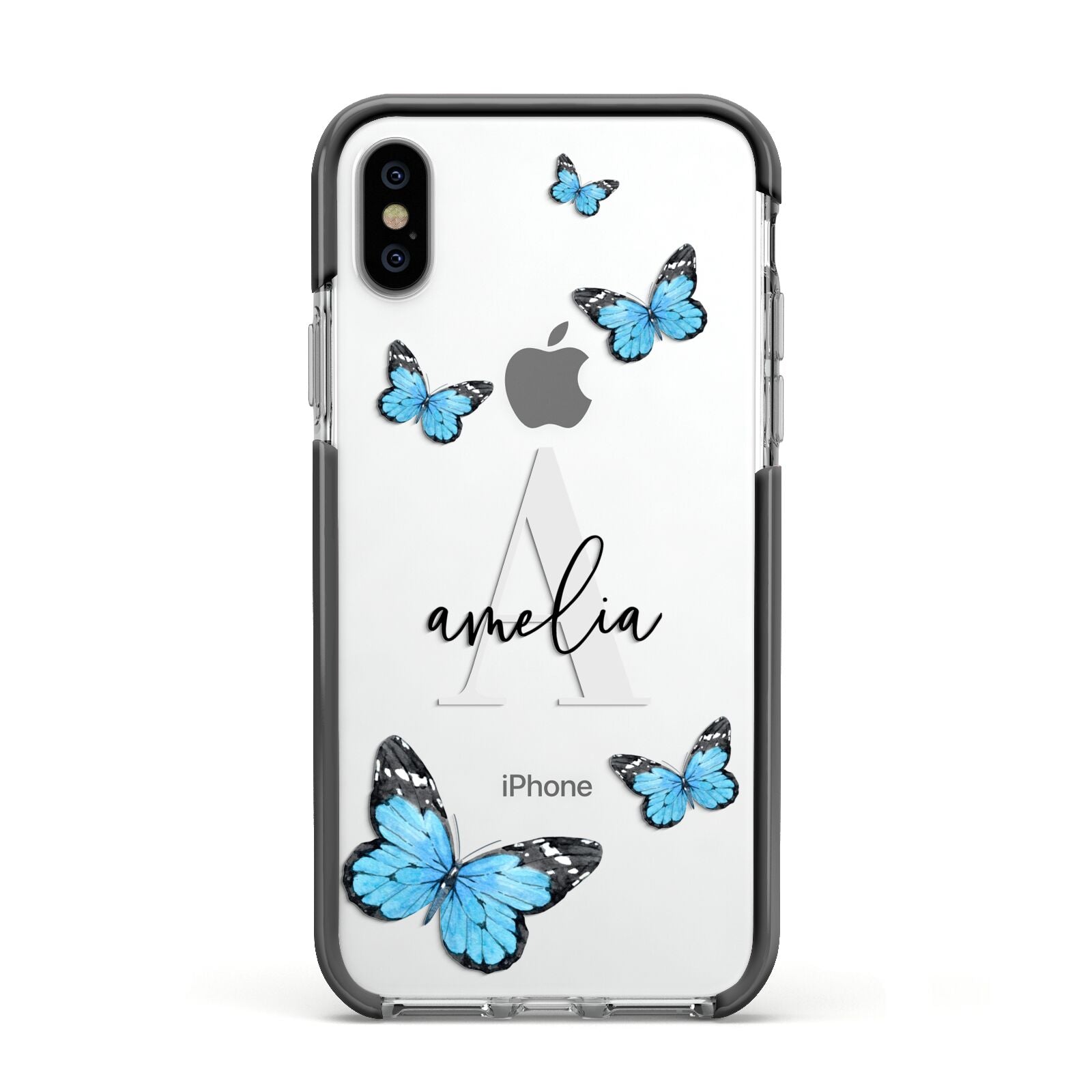 Blue Butterflies with Initial and Name Apple iPhone Xs Impact Case Black Edge on Silver Phone