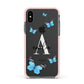 Blue Butterflies with Initial and Name Apple iPhone Xs Impact Case Pink Edge on Black Phone