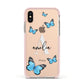 Blue Butterflies with Initial and Name Apple iPhone Xs Impact Case Pink Edge on Gold Phone