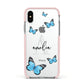 Blue Butterflies with Initial and Name Apple iPhone Xs Impact Case Pink Edge on Silver Phone
