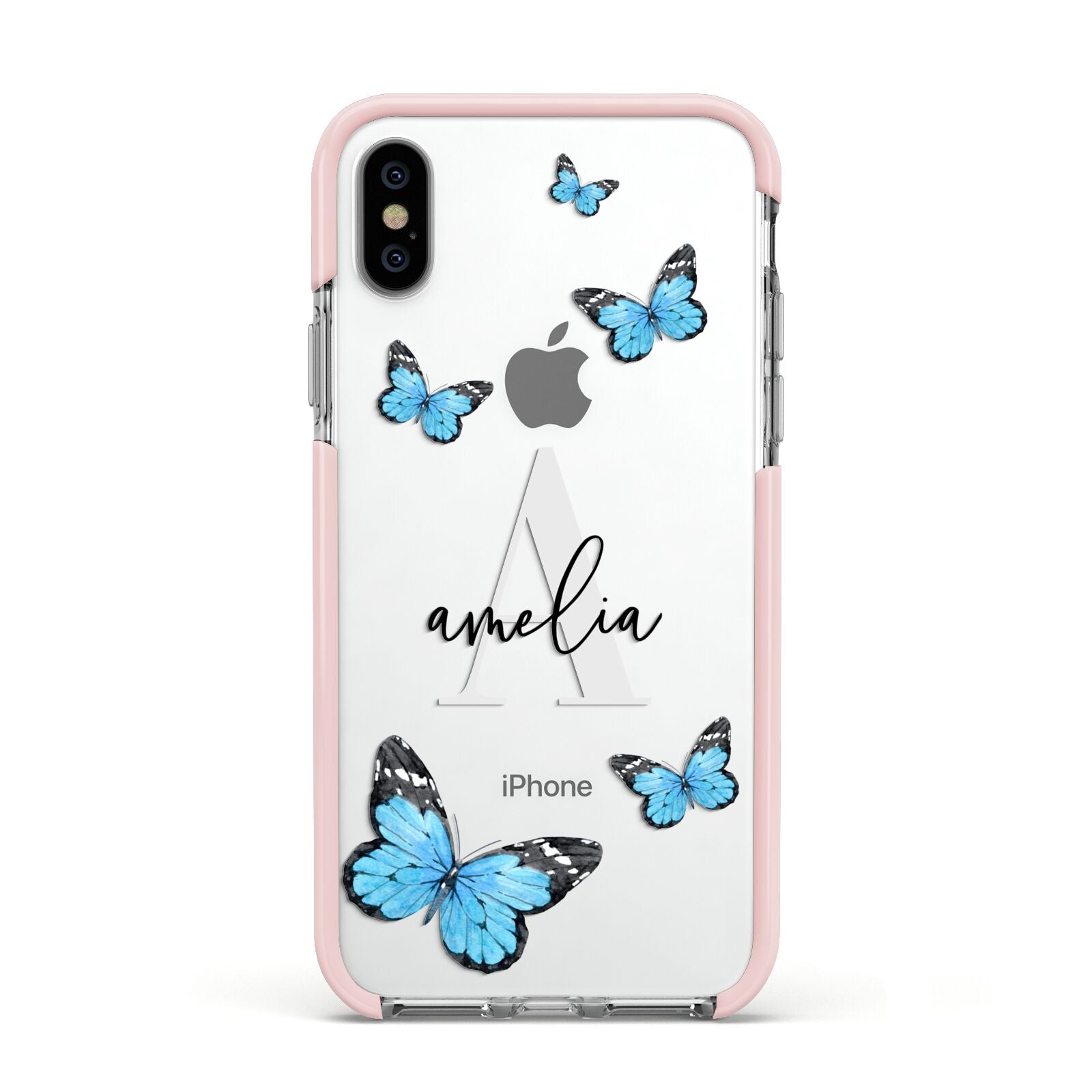 Blue Butterflies with Initial and Name Apple iPhone Xs Impact Case Pink Edge on Silver Phone
