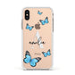 Blue Butterflies with Initial and Name Apple iPhone Xs Impact Case White Edge on Gold Phone