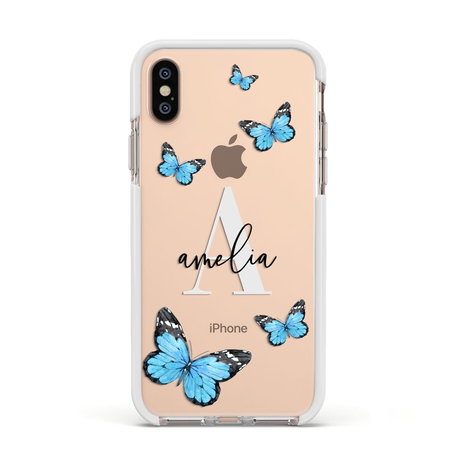 Blue Butterflies with Initial and Name Apple iPhone Xs Impact Case White Edge on Gold Phone