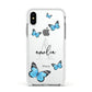 Blue Butterflies with Initial and Name Apple iPhone Xs Impact Case White Edge on Silver Phone